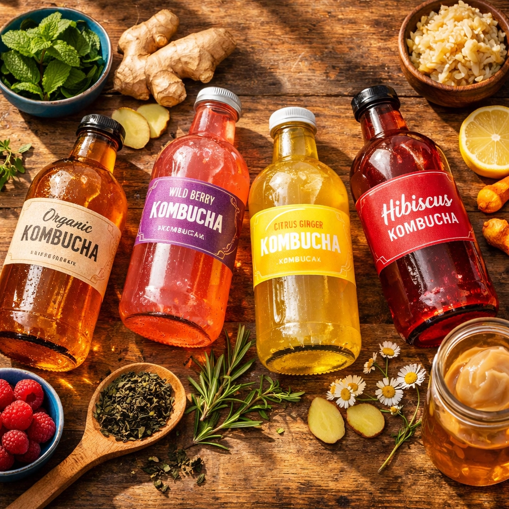 Diverse raw kombucha bottles from independent UK makers showing variety of fermented probiotic drinks