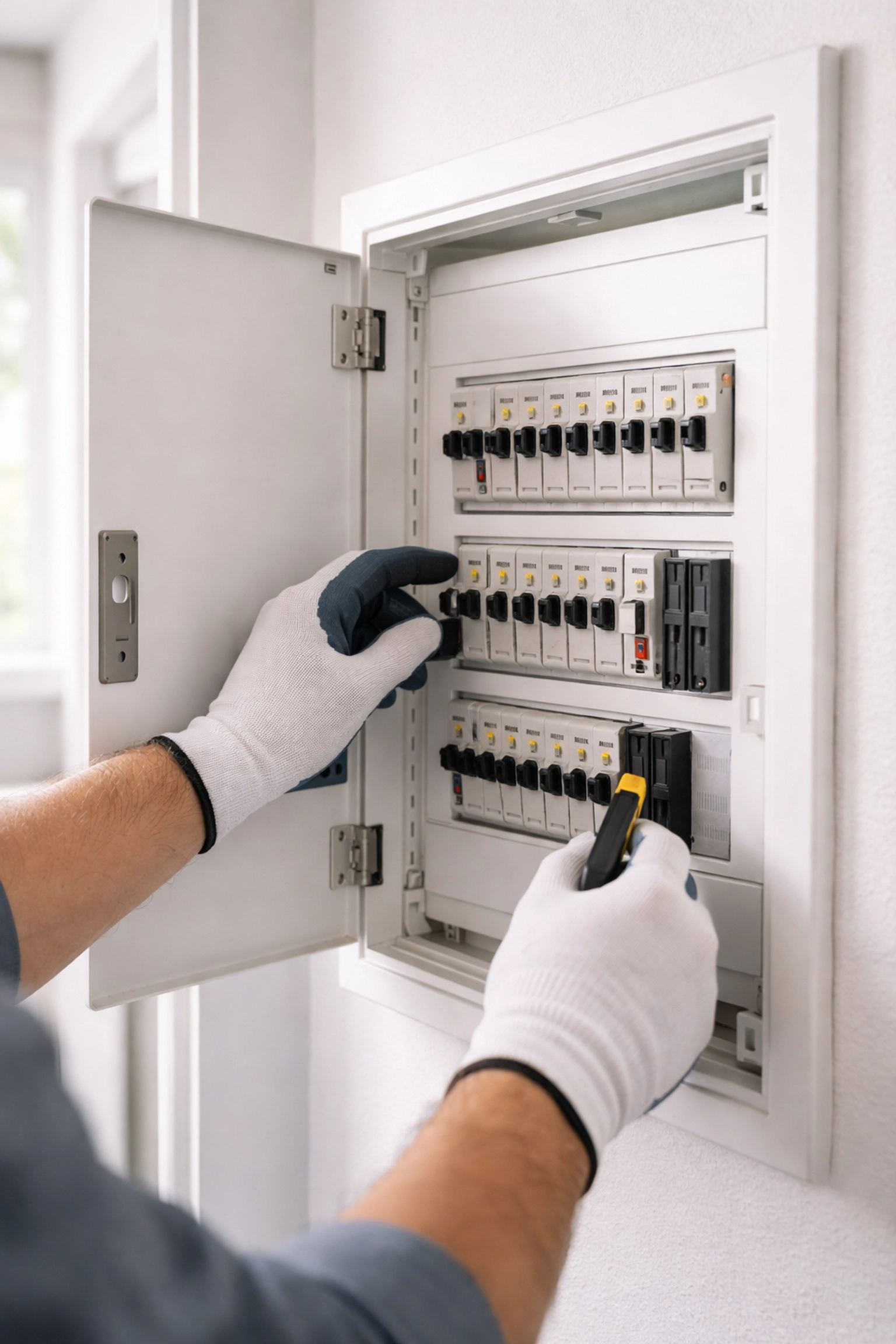 Licensed electrician inspecting an electrical panel for a heat pump upgrade in Southern Maine