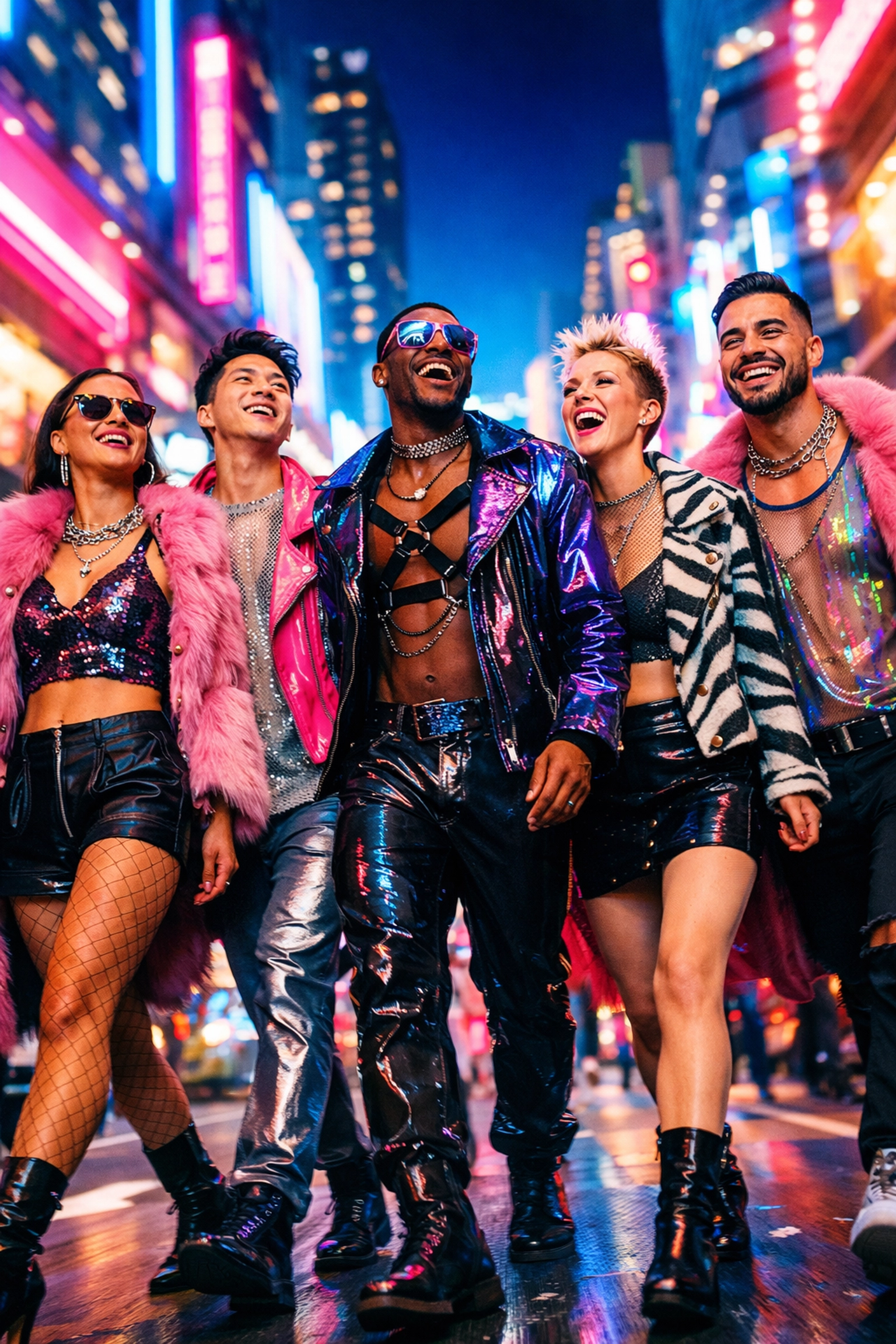 Diverse LGBTQ+ friends walking with confidence, showcasing authentic living and label-fluidity.