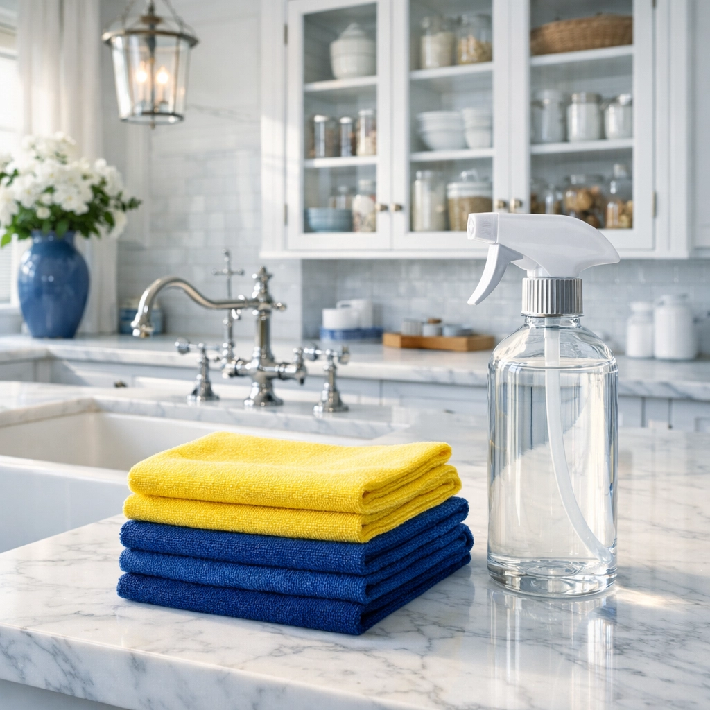 Sanitized high-end kitchen with marble countertops cleaned by Concord house cleaning services.