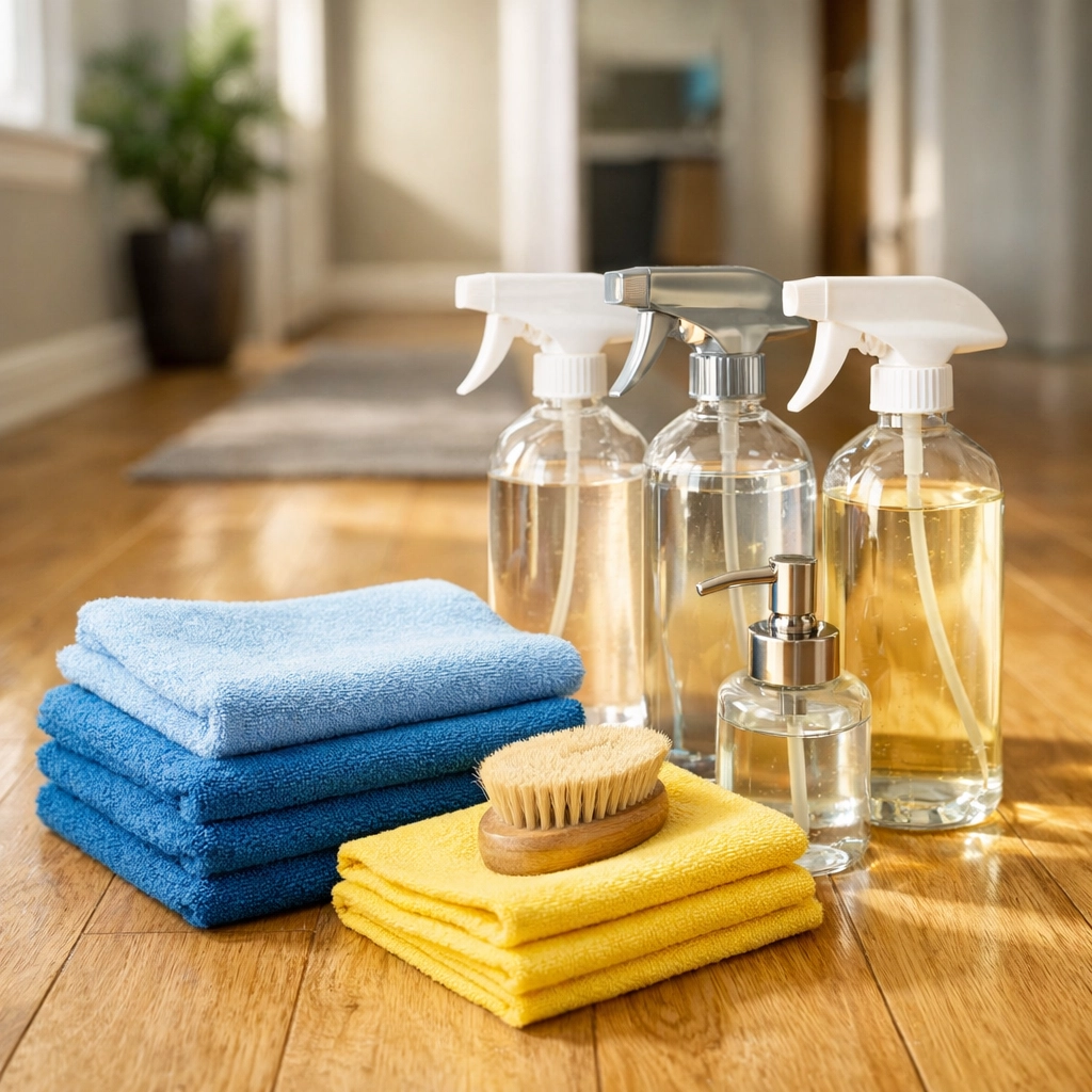 Eco-friendly house cleaning supplies and microfiber cloths used for professional deep cleaning in Southborough.