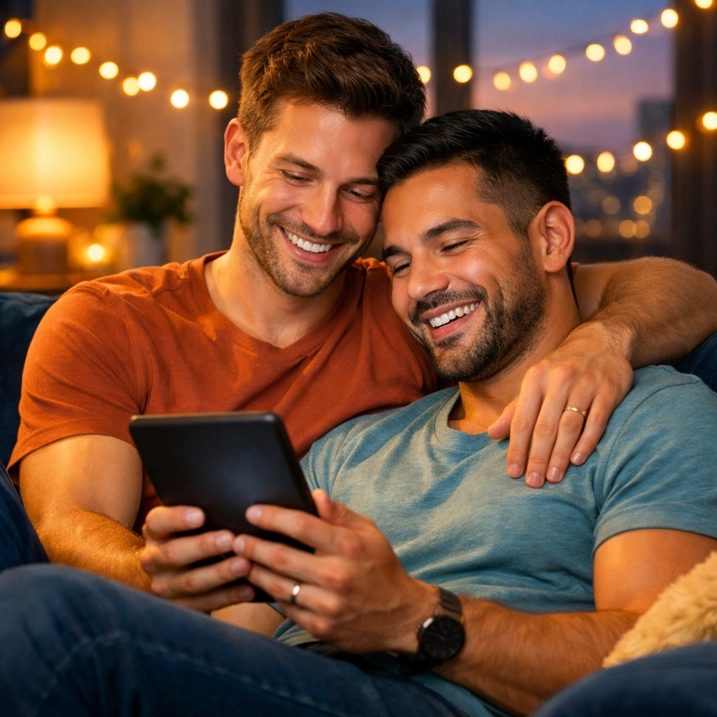 A happy gay couple reading an MM romance book on a cozy sofa, illustrating LGBTQ+ resilience and joy.
