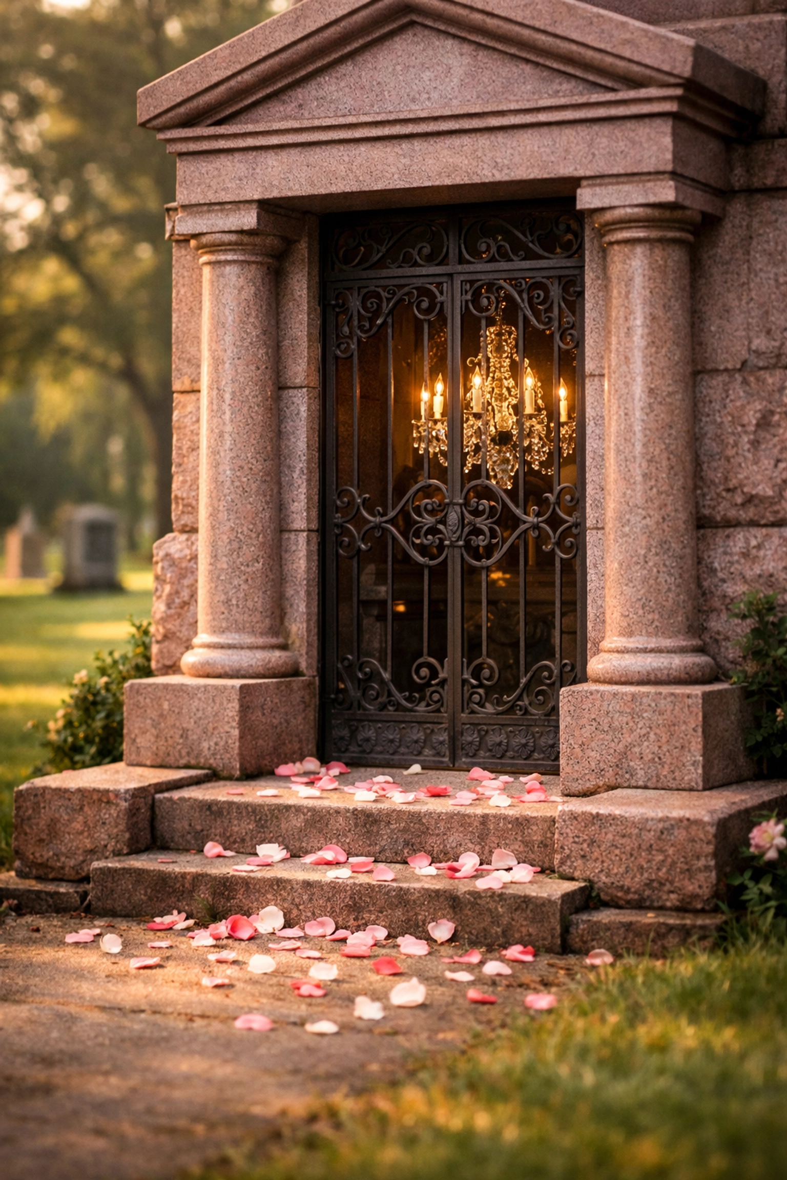 Pink granite mausoleum with crystal chandelier shows personalized memorial tribute to lasting love