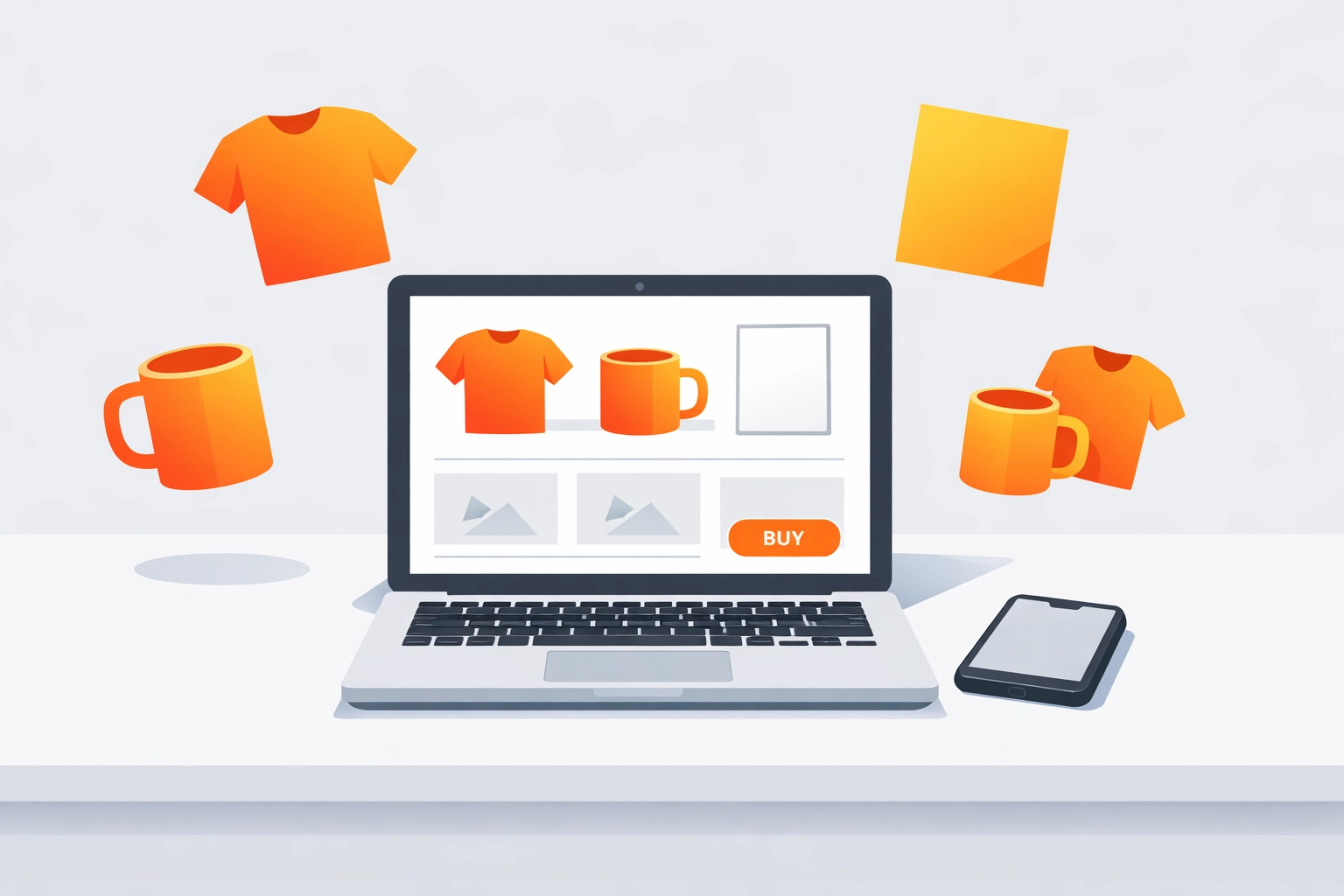 Print-on-demand business setup with laptop and product mockups