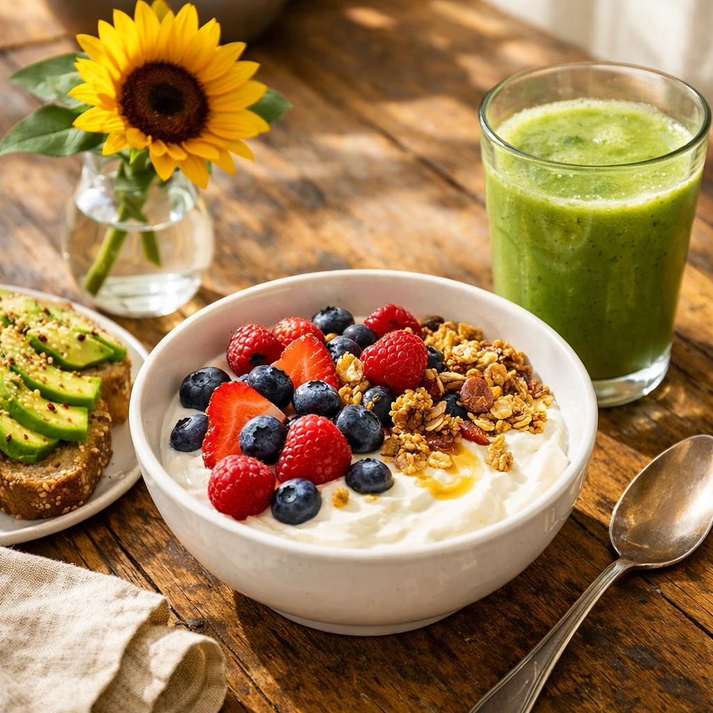 Healthy breakfast with yogurt, berries, avocado toast, and smoothie for morning energy