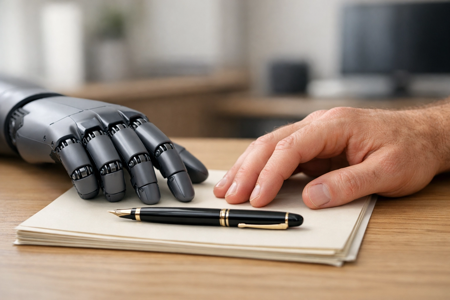 Human and robotic hands on an office desk, illustrating AI marketing tools working with human creativity.