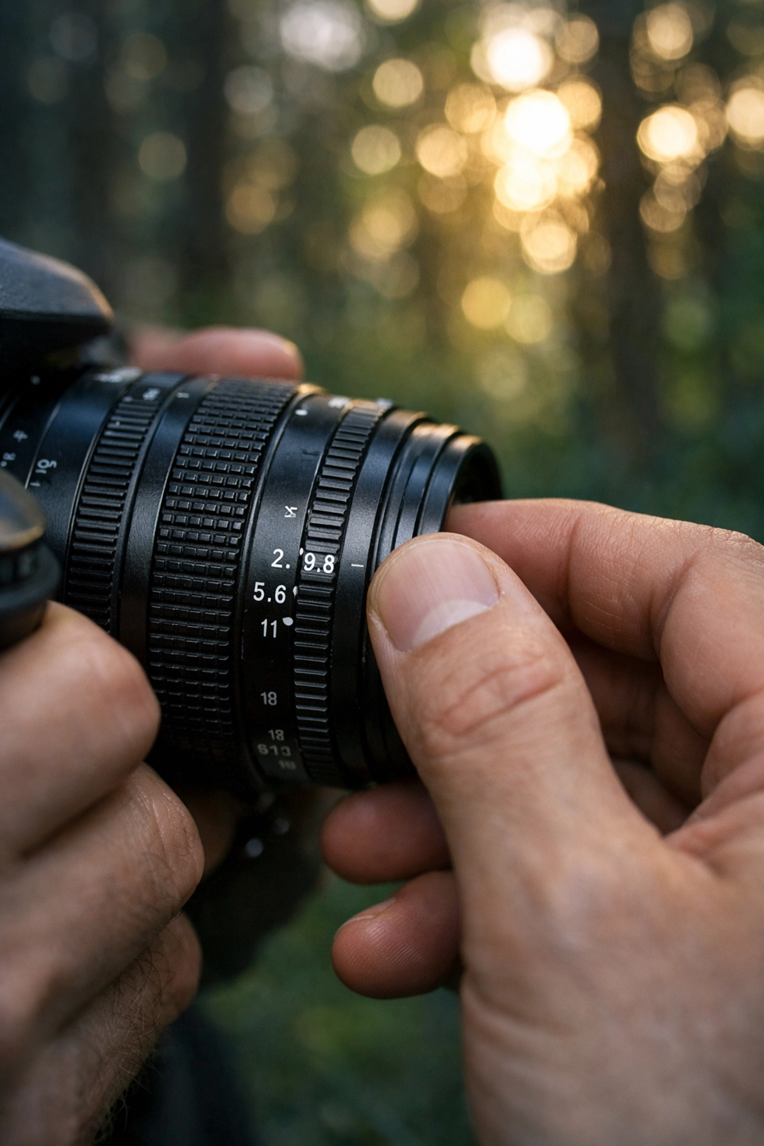 Close-up of a photographer's hands adjusting a camera lens, emphasizing manual photography techniques and gear.