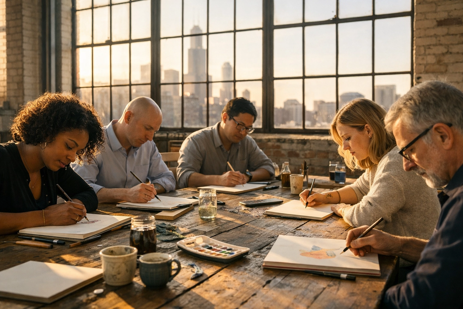 Diverse corporate team in Chicago practicing focus and creative reflection during a team building workshop.