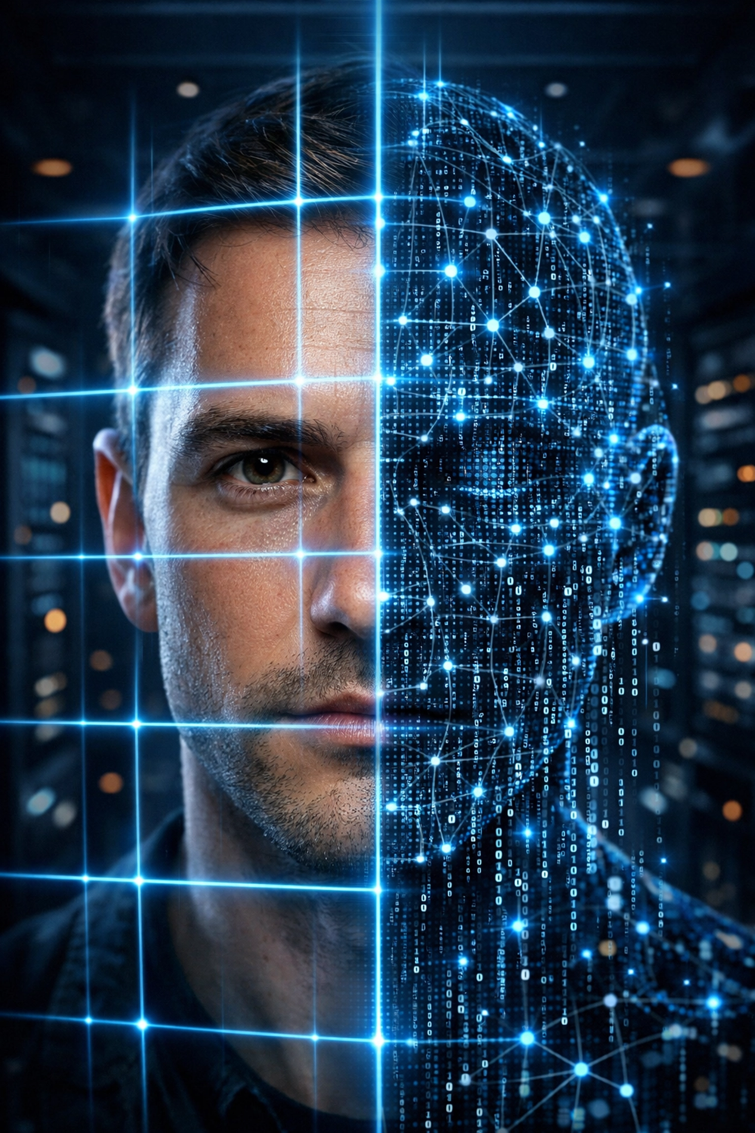 Digital face scan illustrating AI-powered phishing and personal identity theft risks in 2026.