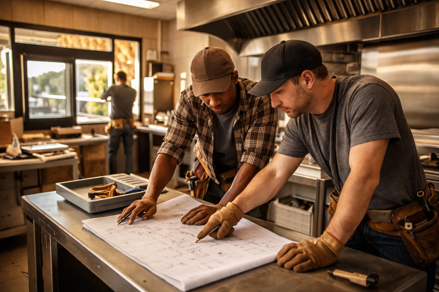 Restaurant kitchen renovation underway in a former fast-food space, illustrating adaptive reuse for 24/7 operations