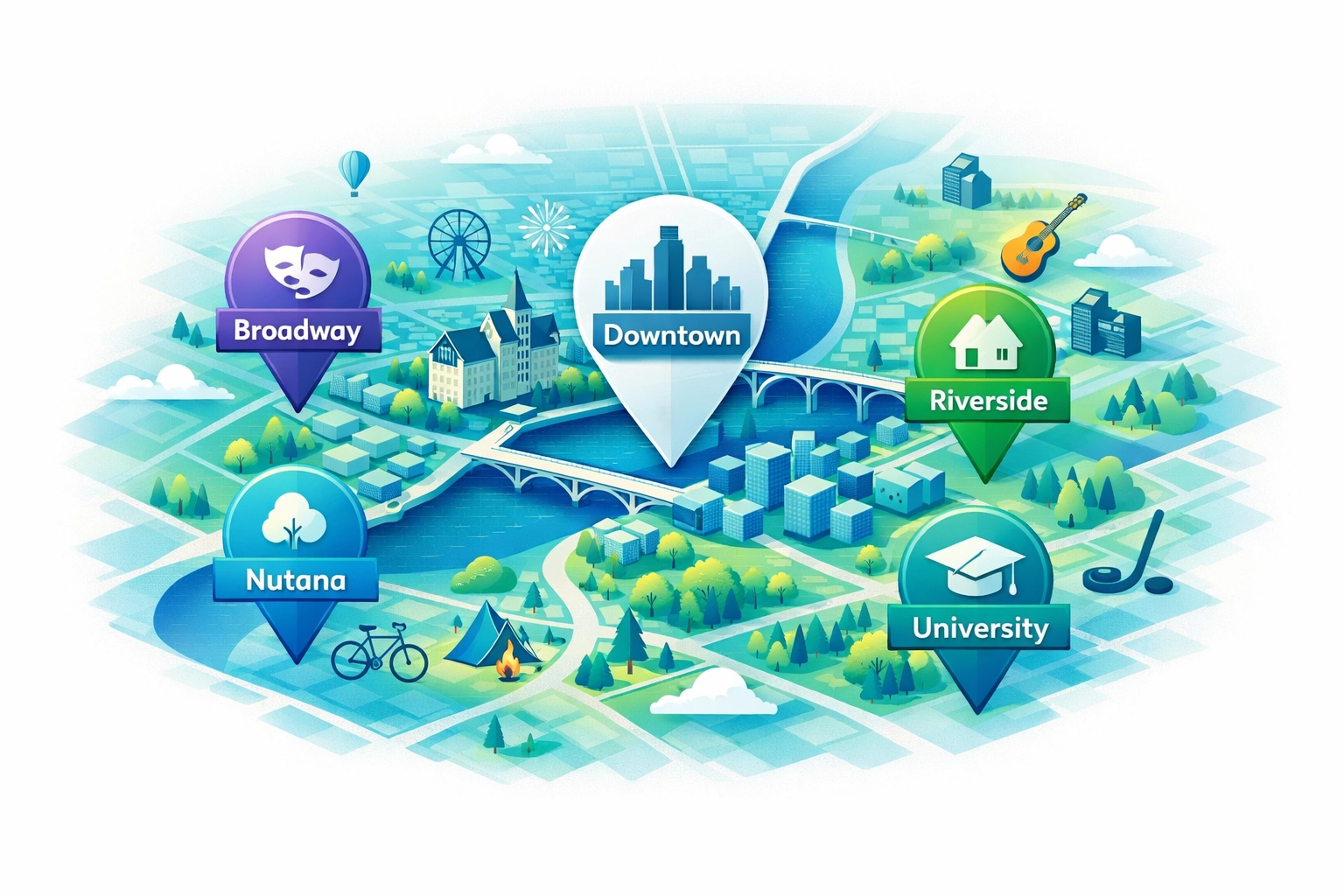 Map of Saskatoon showing local neighborhoods and marketing areas for small businesses