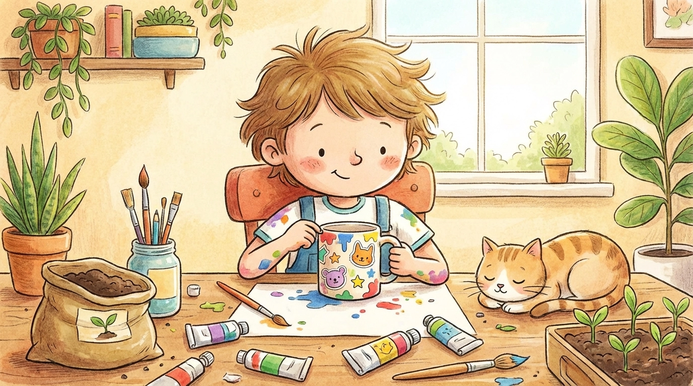 Child decorating a recycled yogurt cup planter with paint and stickers, illustrating a fun indoor gardening project for kids.