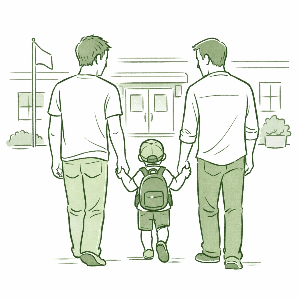 Gay fathers walking their child to school, building a loving LGBTQ+ family legacy together