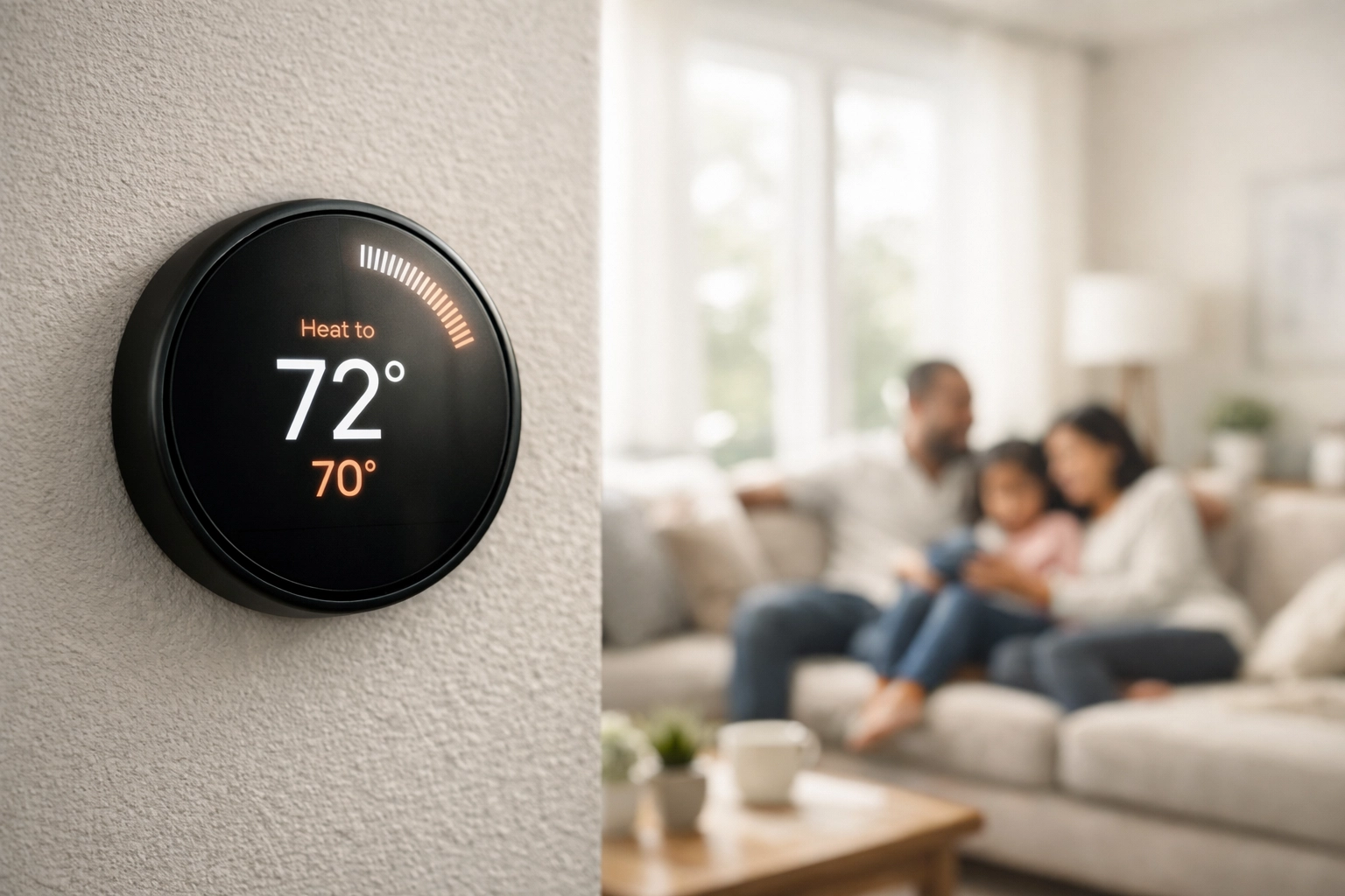 Modern smart thermostat in a mobile home living room helping families monitor and reduce energy costs.