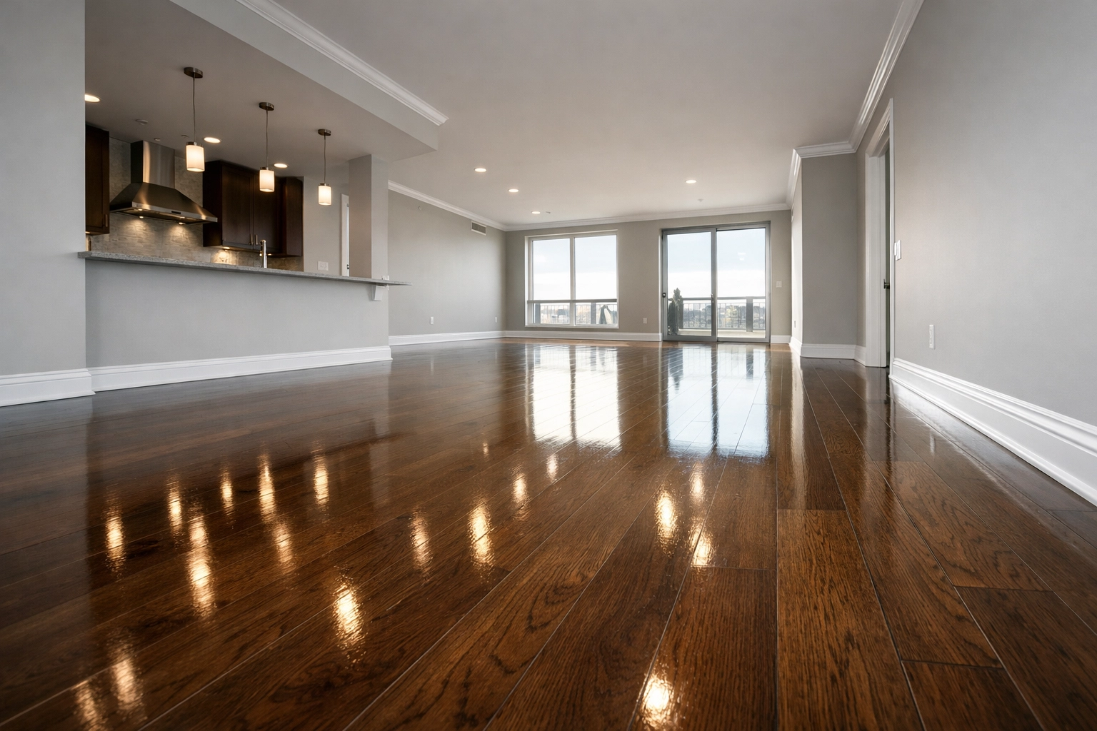 Clean Indianapolis luxury apartment with polished hardwood floors in an inspection-ready state.