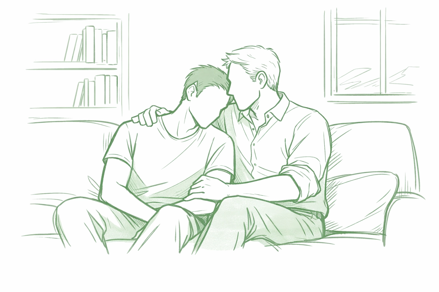 Age gap MM couple sitting together on sofa demonstrating trust and emotional bond