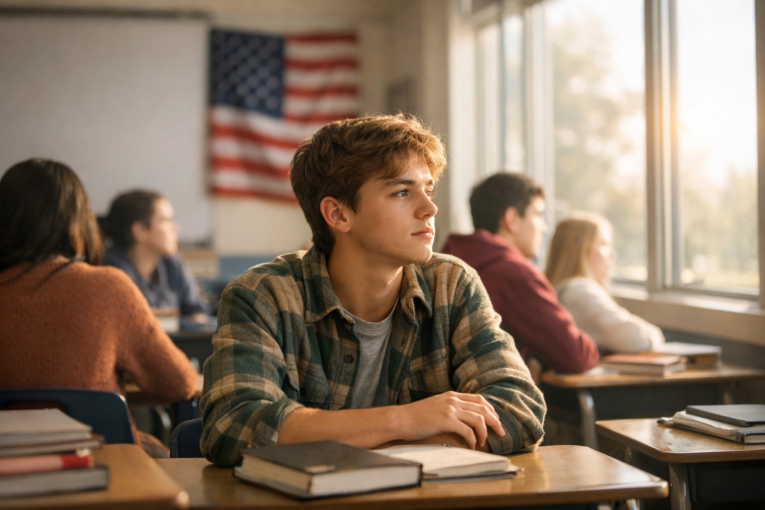 A student sitting thoughtfully in a sunny classroom, reflecting on their constitutional right to opt out of the Pledge.