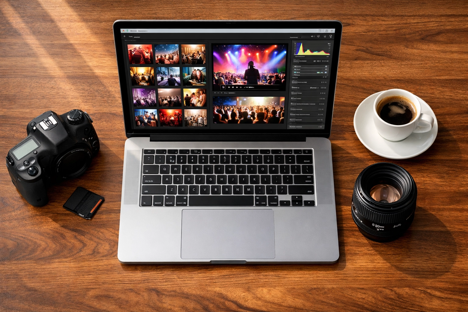 Professional Miami event photographer workspace showing on-site editing and camera gear