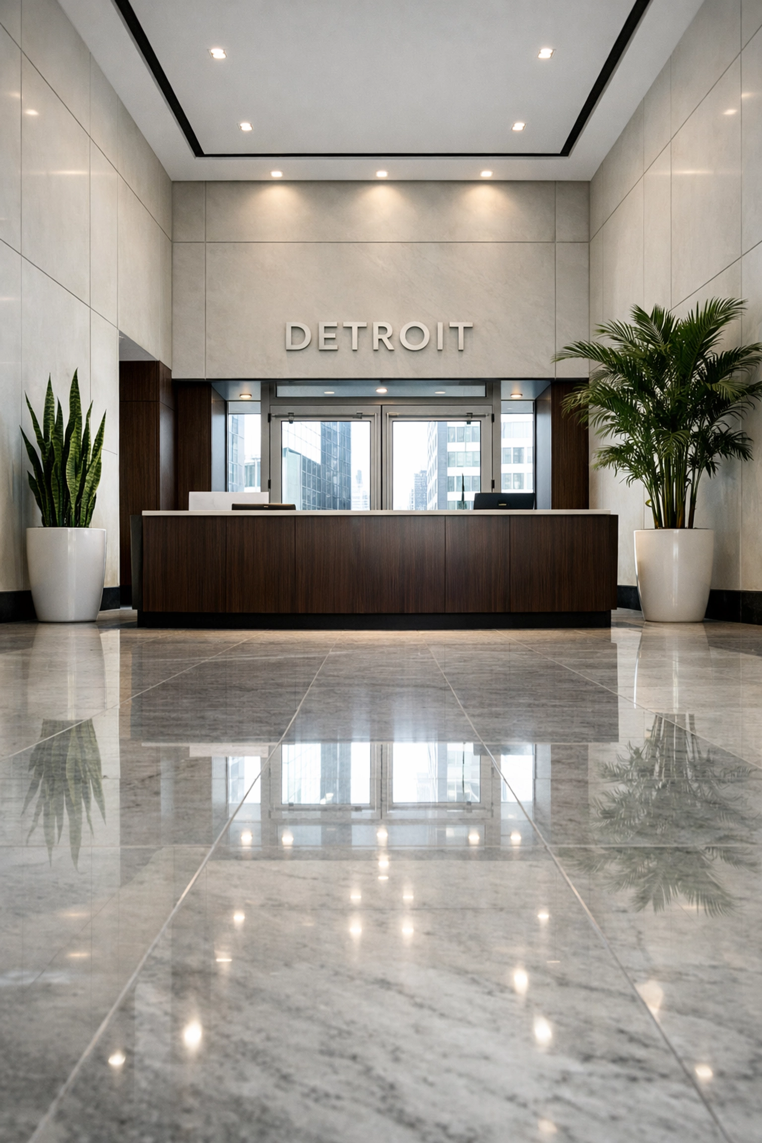 Polished marble floors in a modern Detroit office lobby demonstrating professional property maintenance standards.