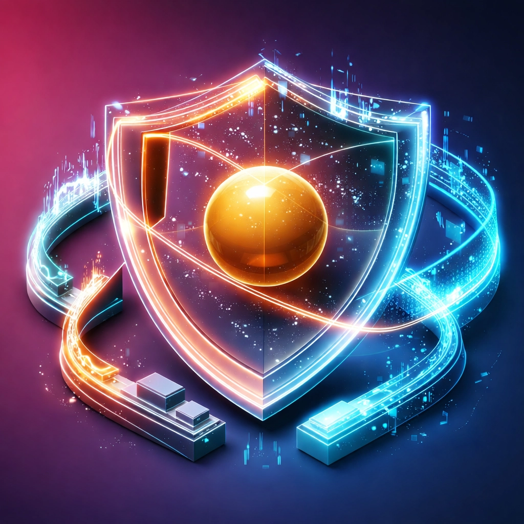 Network of glowing pathways protecting a golden sphere, illustrating diversification and portfolio security