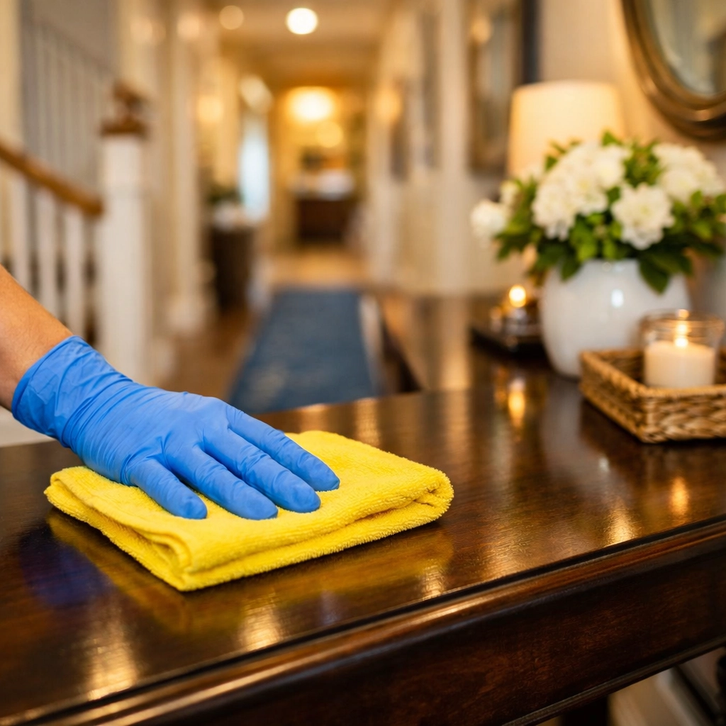 Detail of a professional cleaner dusting a home entryway for weekly house cleaning Boylston MA.
