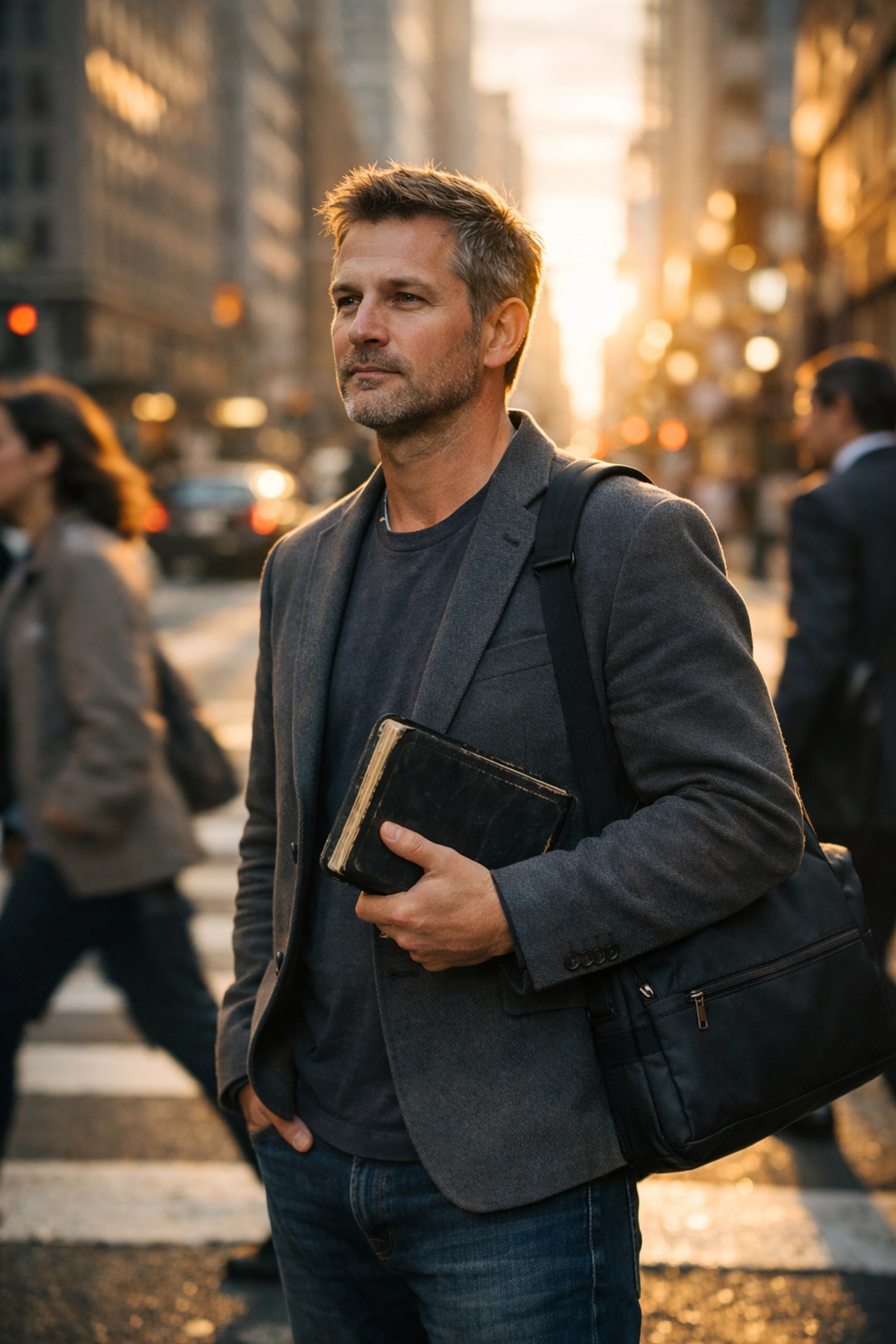 Bivocational pastor carrying a Bible and laptop bag in a busy city, merging marketplace and ministry.