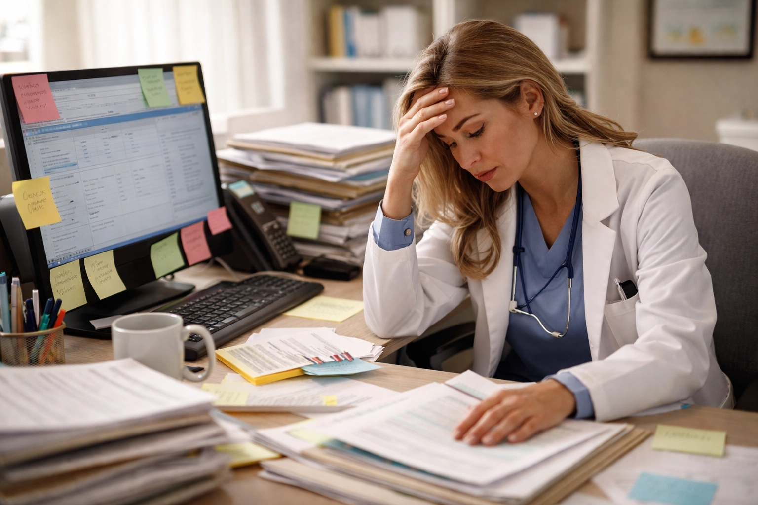 Overwhelmed clinic staff managing in-house medical billing paperwork and claims