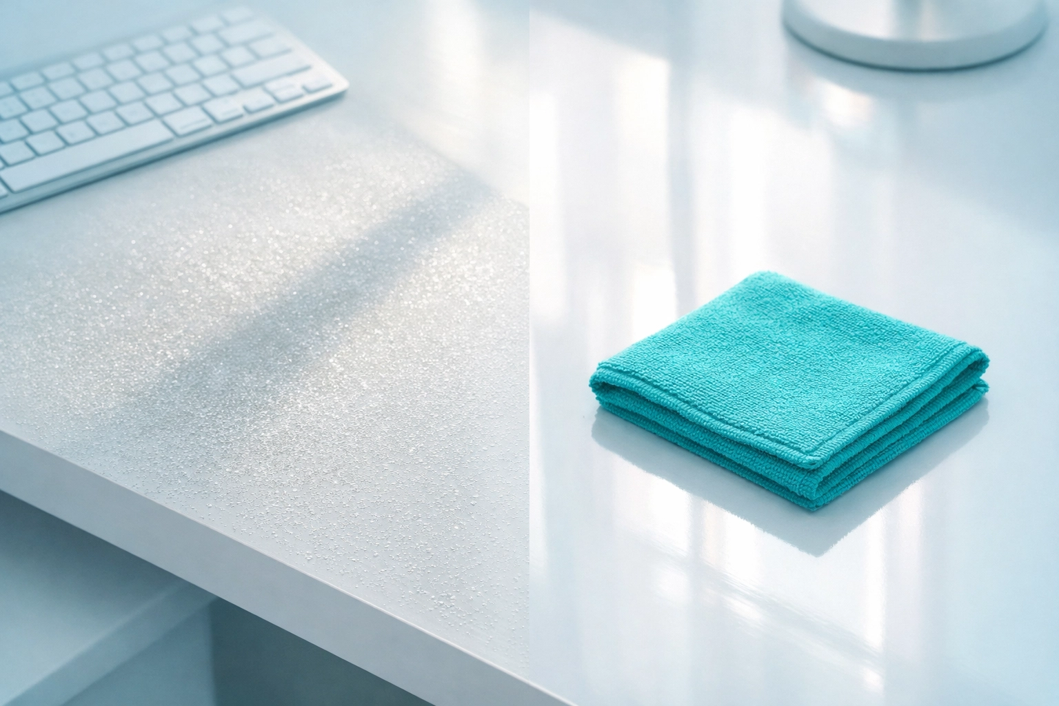 Side-by-side view of a dusty desk and professional office cleaning results in Cedar Falls.