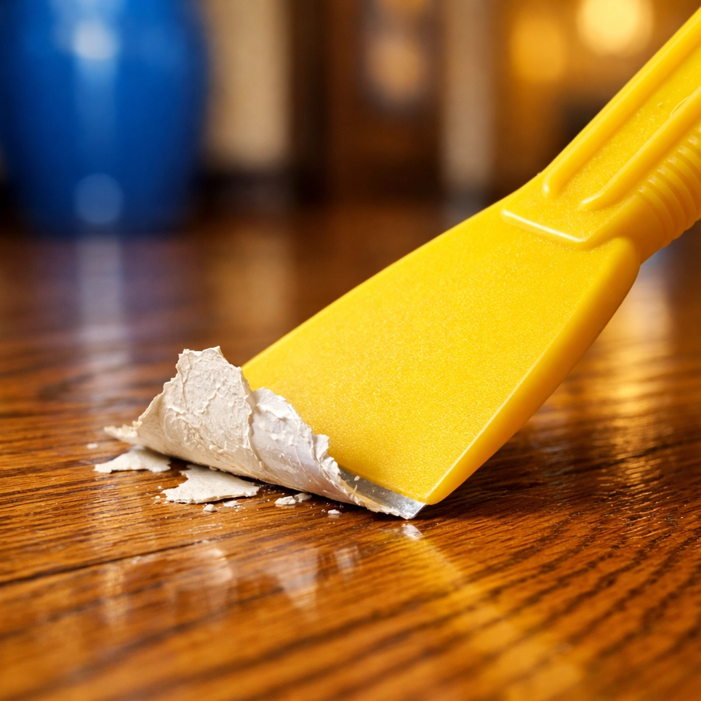 A plastic putty knife safely removing a dried paint flake from a honey-toned hardwood floor finish.