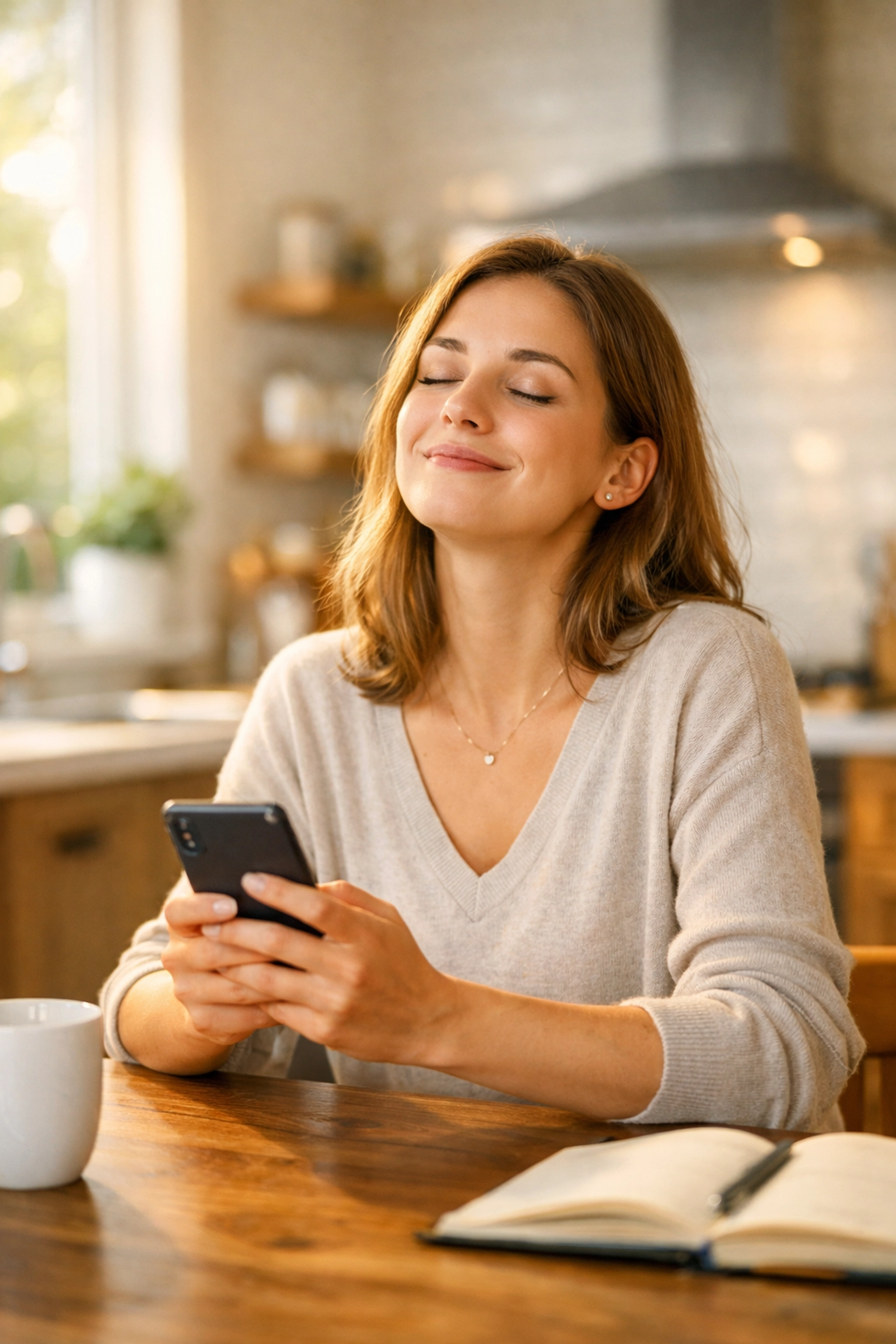 Relieved woman checking her phone for an instant payday loan approval in a sunny kitchen.