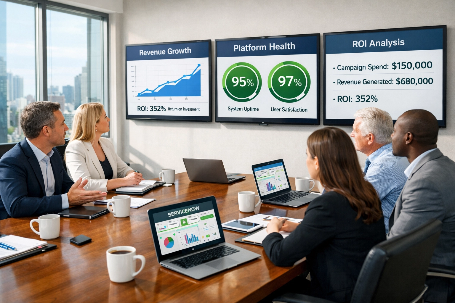 Business professionals reviewing ServiceNow ROI metrics and platform health scores