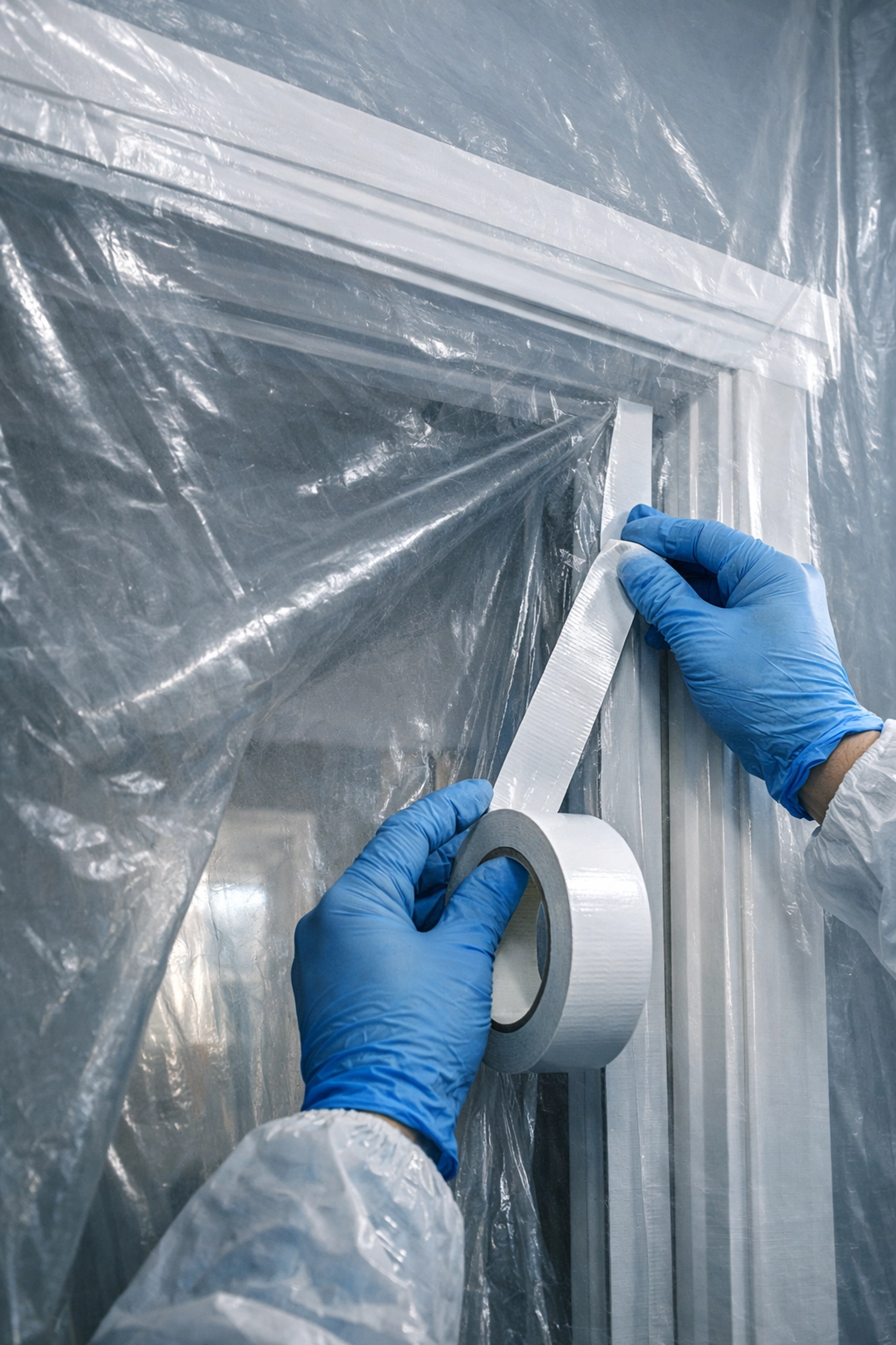 Mold remediation containment using plastic sheeting taped to doorframe