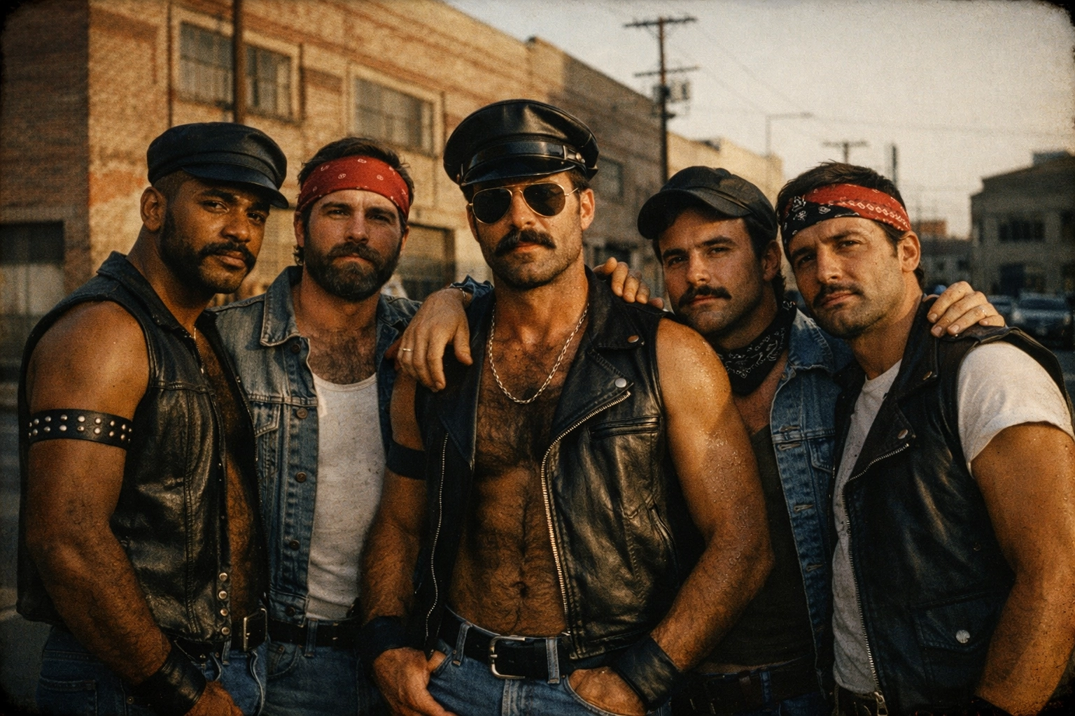 Diverse gay men in 1980s leather gear in SoMa, a setting often seen in gay historical romance novels.