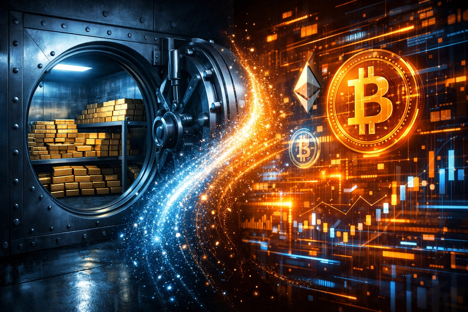 Traditional gold vault merging with digital cryptocurrency representing modern portfolio mix