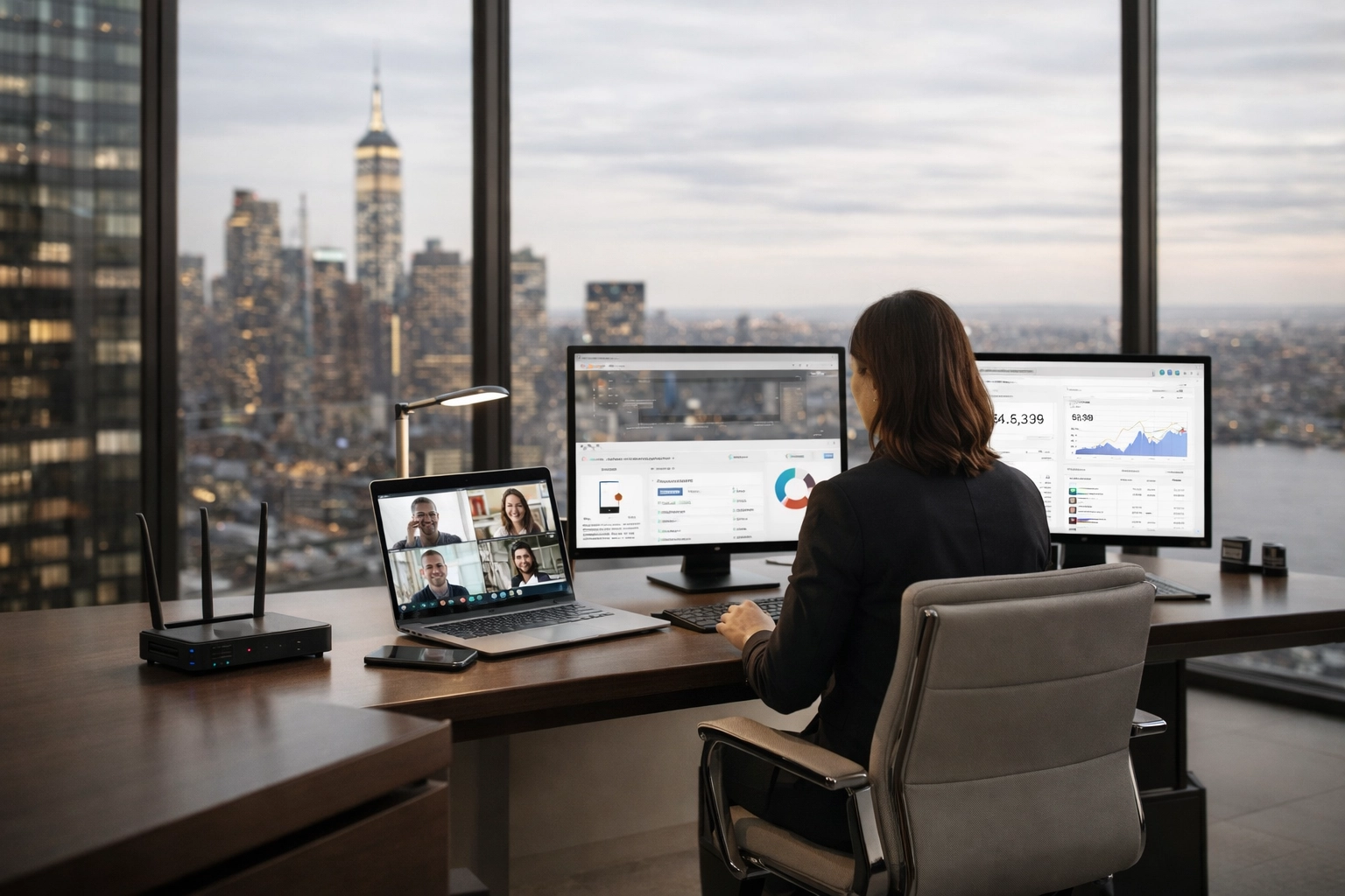 A professional woman at a modern workstation using reliable business internet for her global small business.