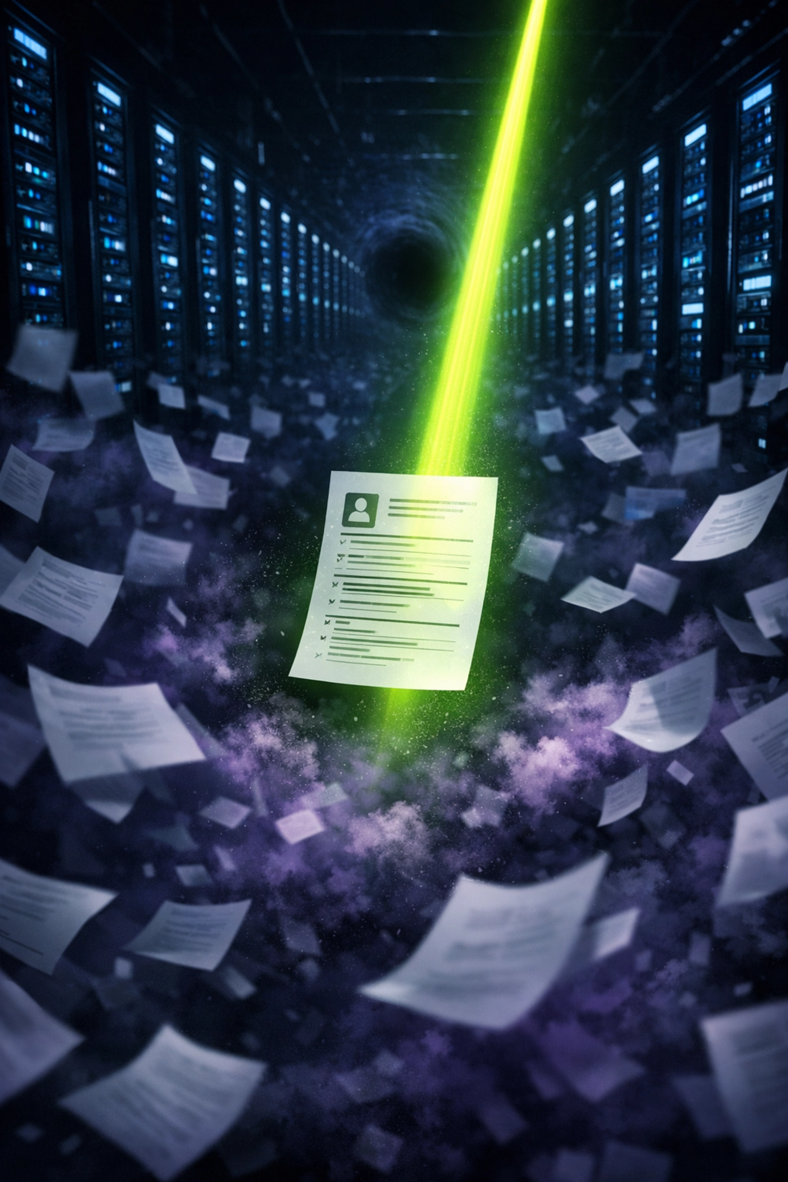 A single resume passing through applicant tracking system filters in a digital data archive.