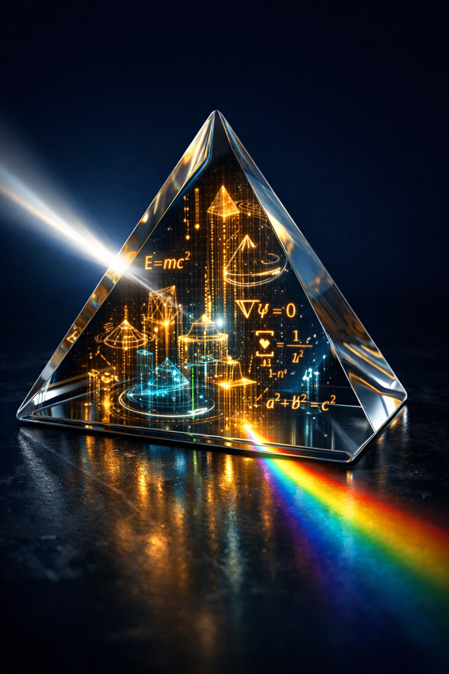 Glowing math formulas inside a glass prism representing high school academic proficiency.