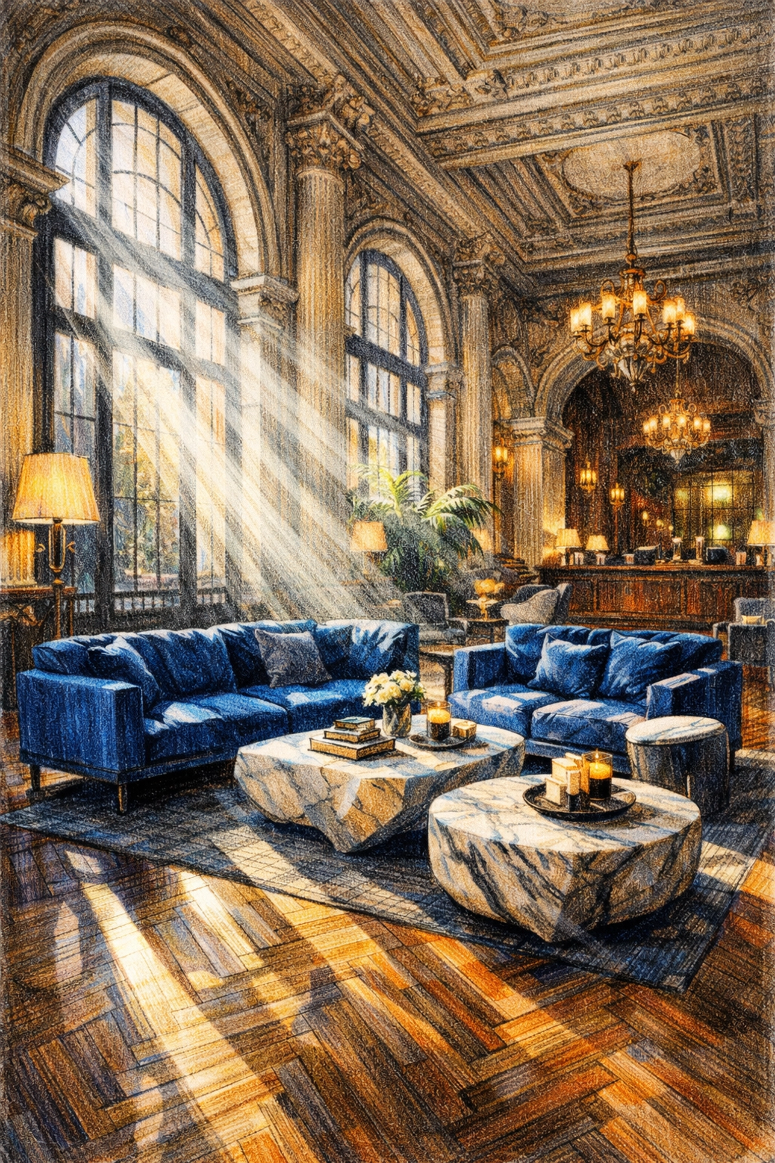 Grand luxury hotel lobby with modern velvet seating illustrating high-end hospitality interior design.