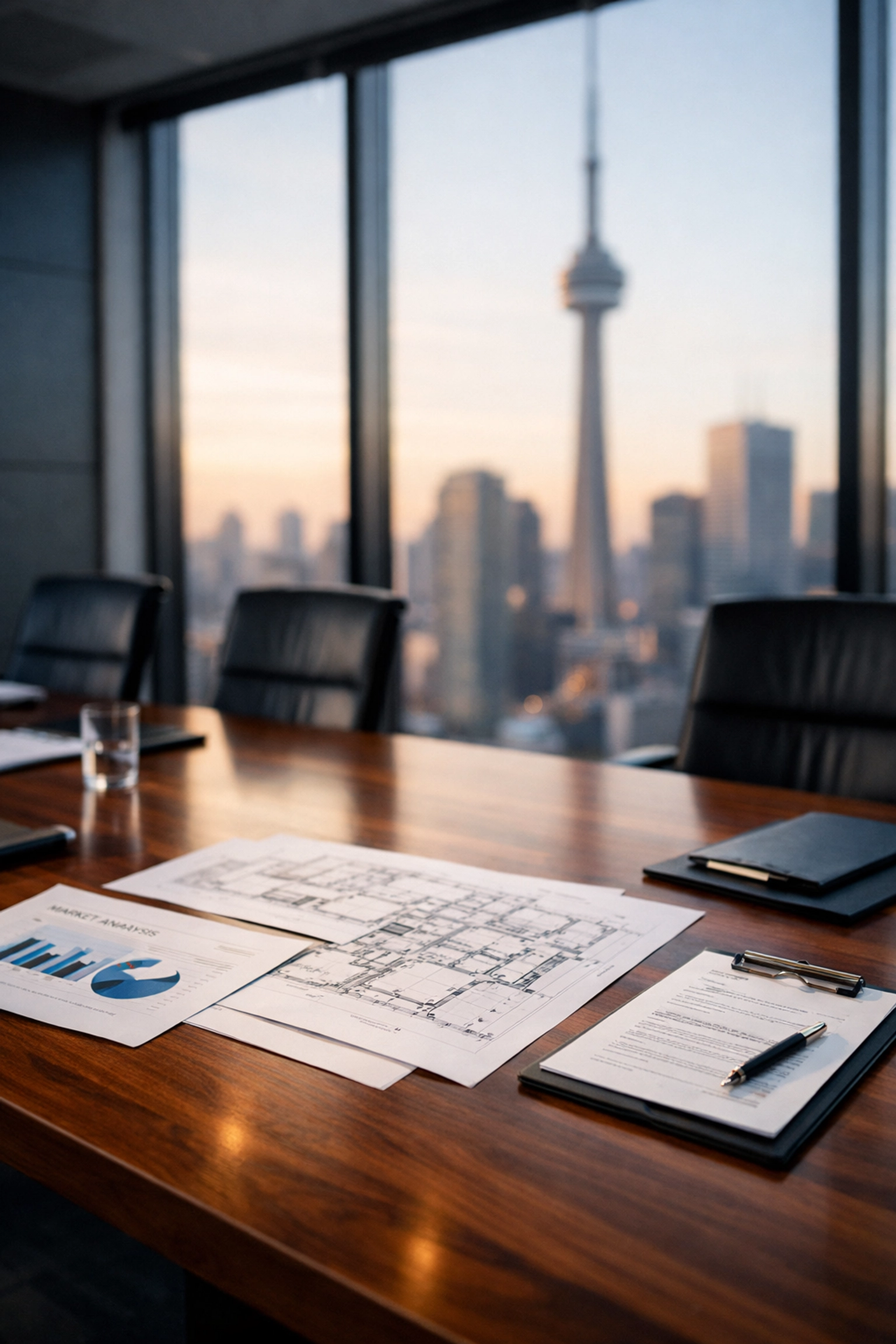 Toronto real estate brokerage boardroom with market analysis documents and city skyline view