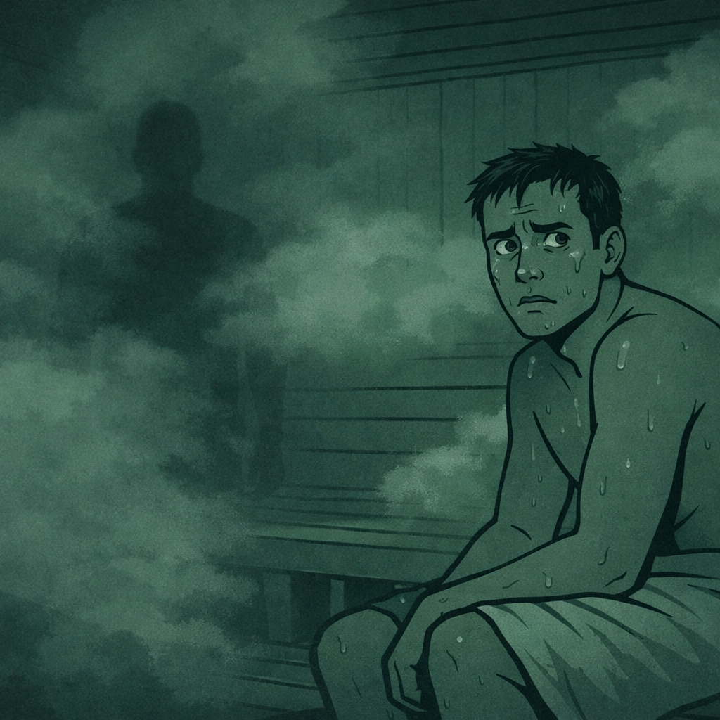 Gay thriller scene: men in sauna with shadowy killer figure creating psychological suspense