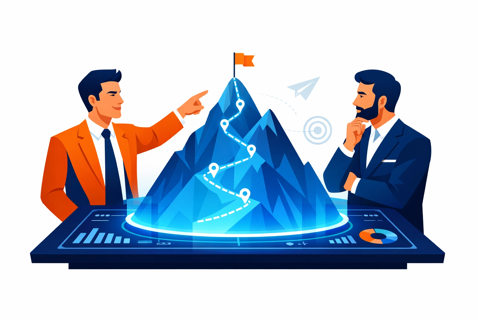 Customer education strategic advisor and stakeholder planning custom eLearning development goals atop a mountain blueprint.