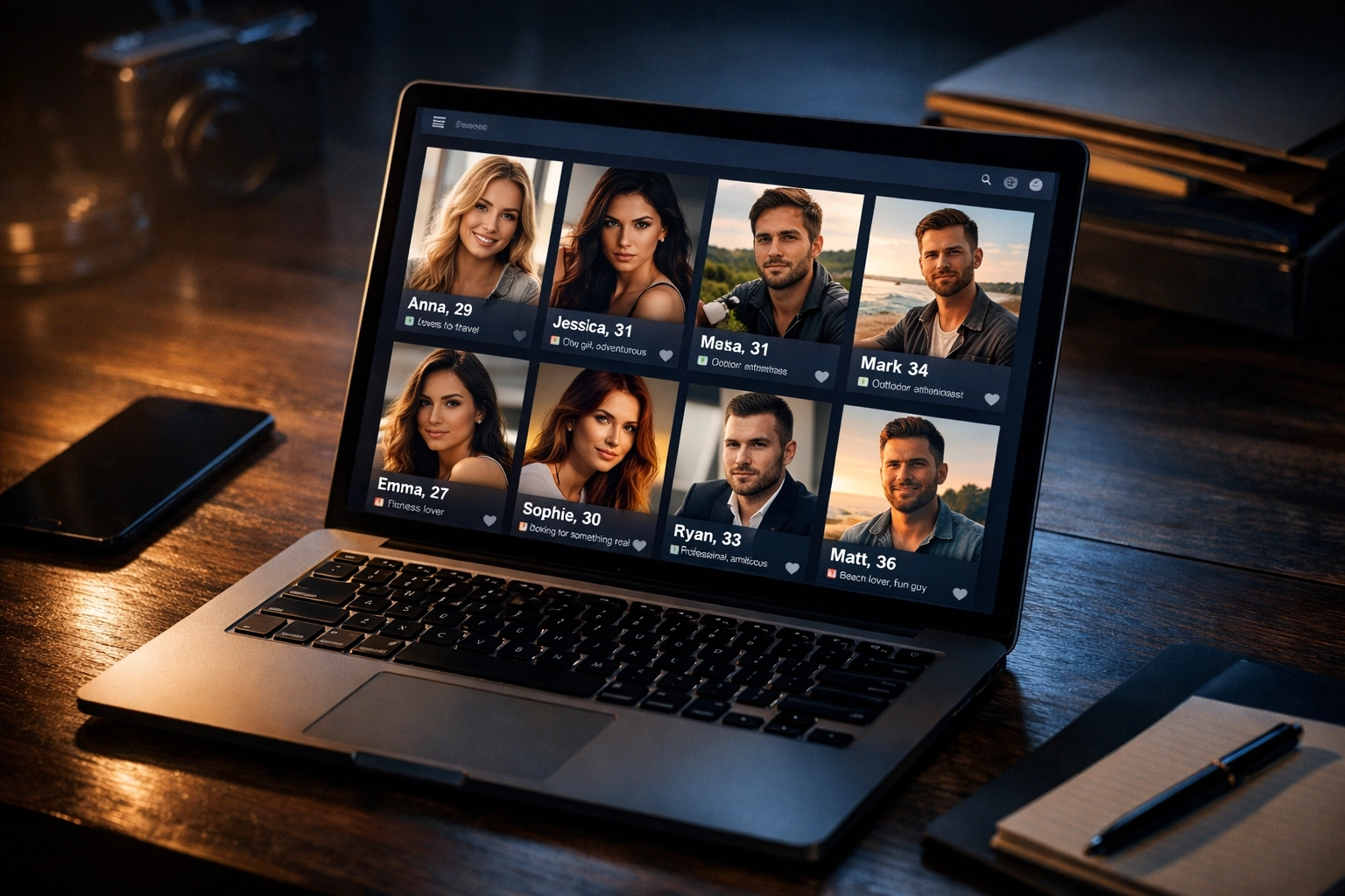 Laptop displaying multiple dating profiles used by professional romance scammers to target victims