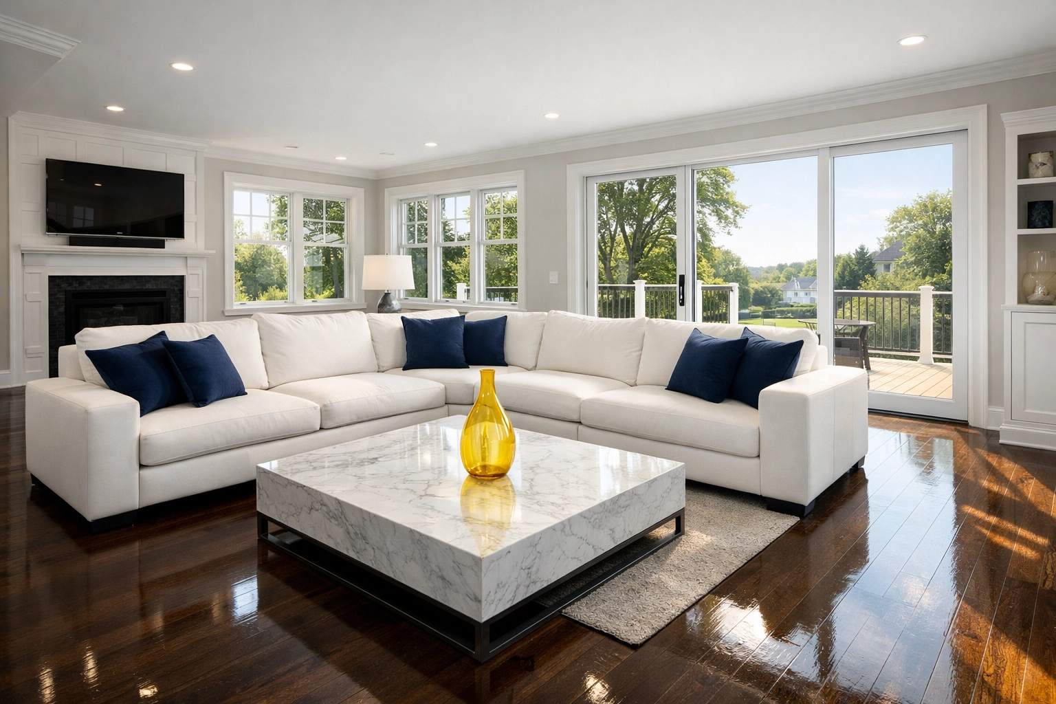 Sun-drenched living room with spotless hardwood floors after House Cleaning Millbury MA.