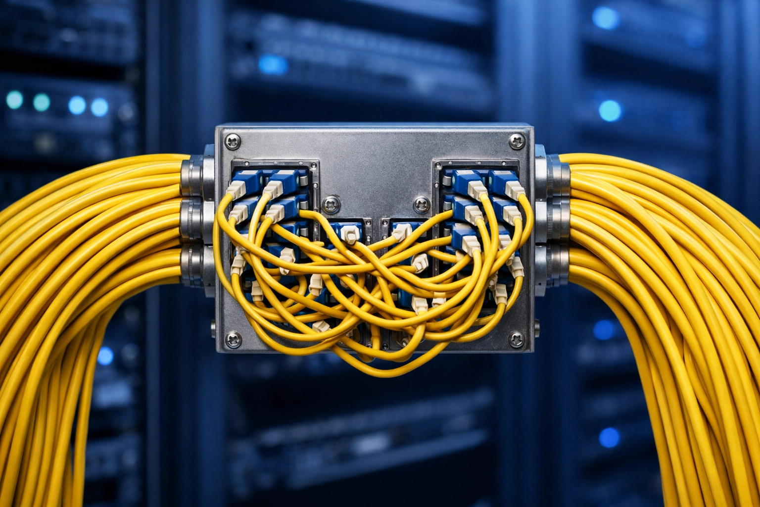Server rack with tangled fiber-optic cables highlighting technical redundancy in healthcare data exchange.