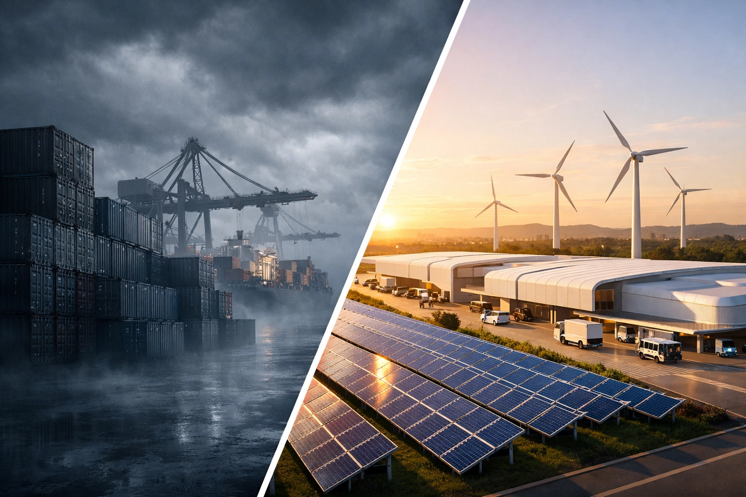 Split view contrasting global supply chain vulnerability with resilient domestic industrial infrastructure.