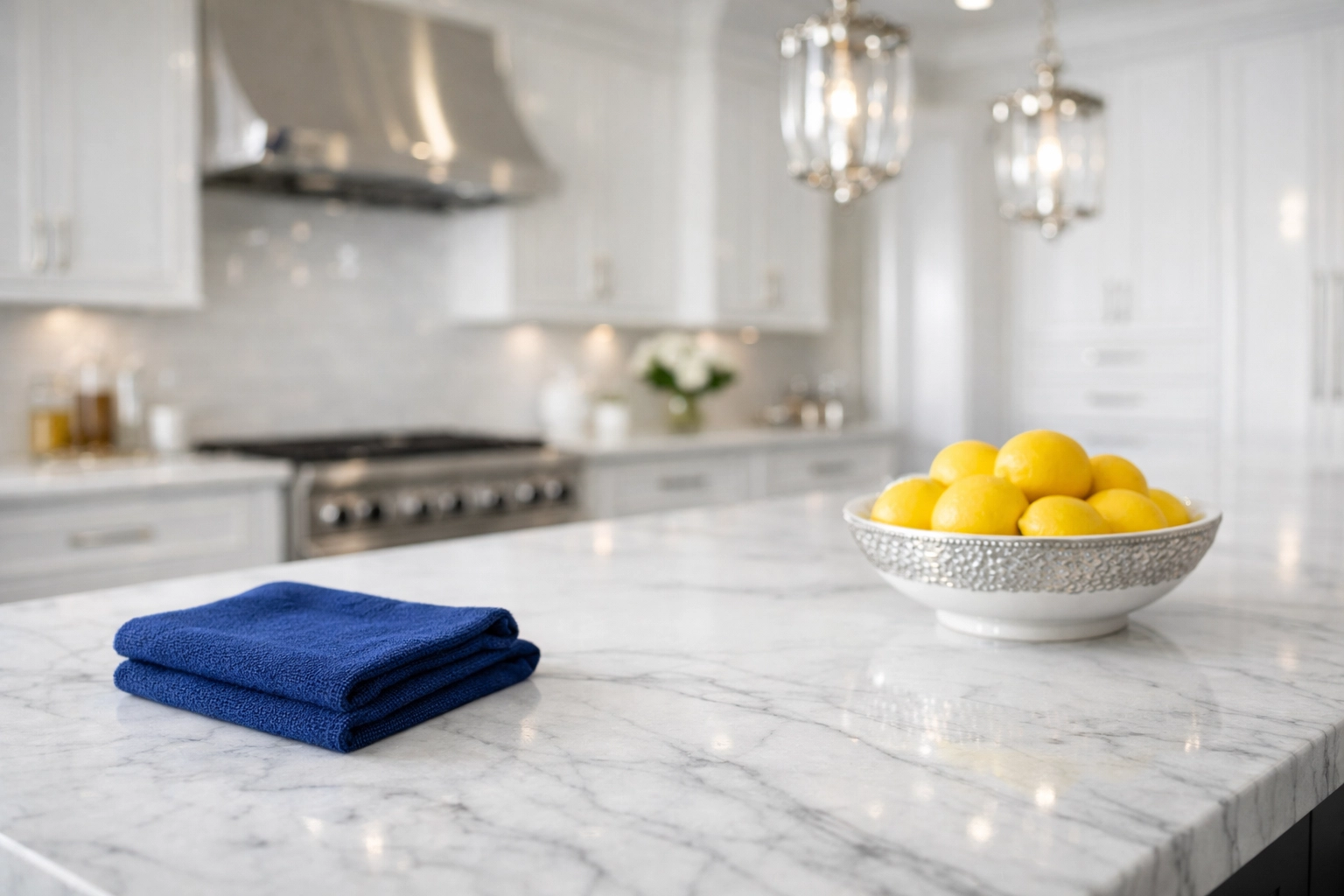 Professional luxury house cleaning in Wellesley MA protecting white marble countertops with soft microfiber.