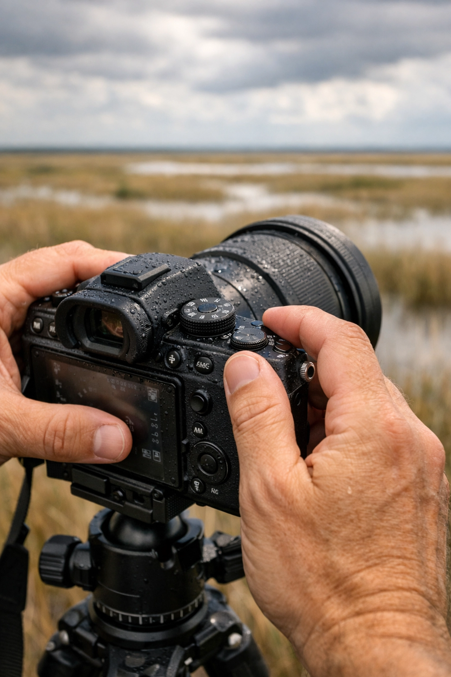 Photographer adjusting camera gear to capture fine art landscape photography in the Everglades.