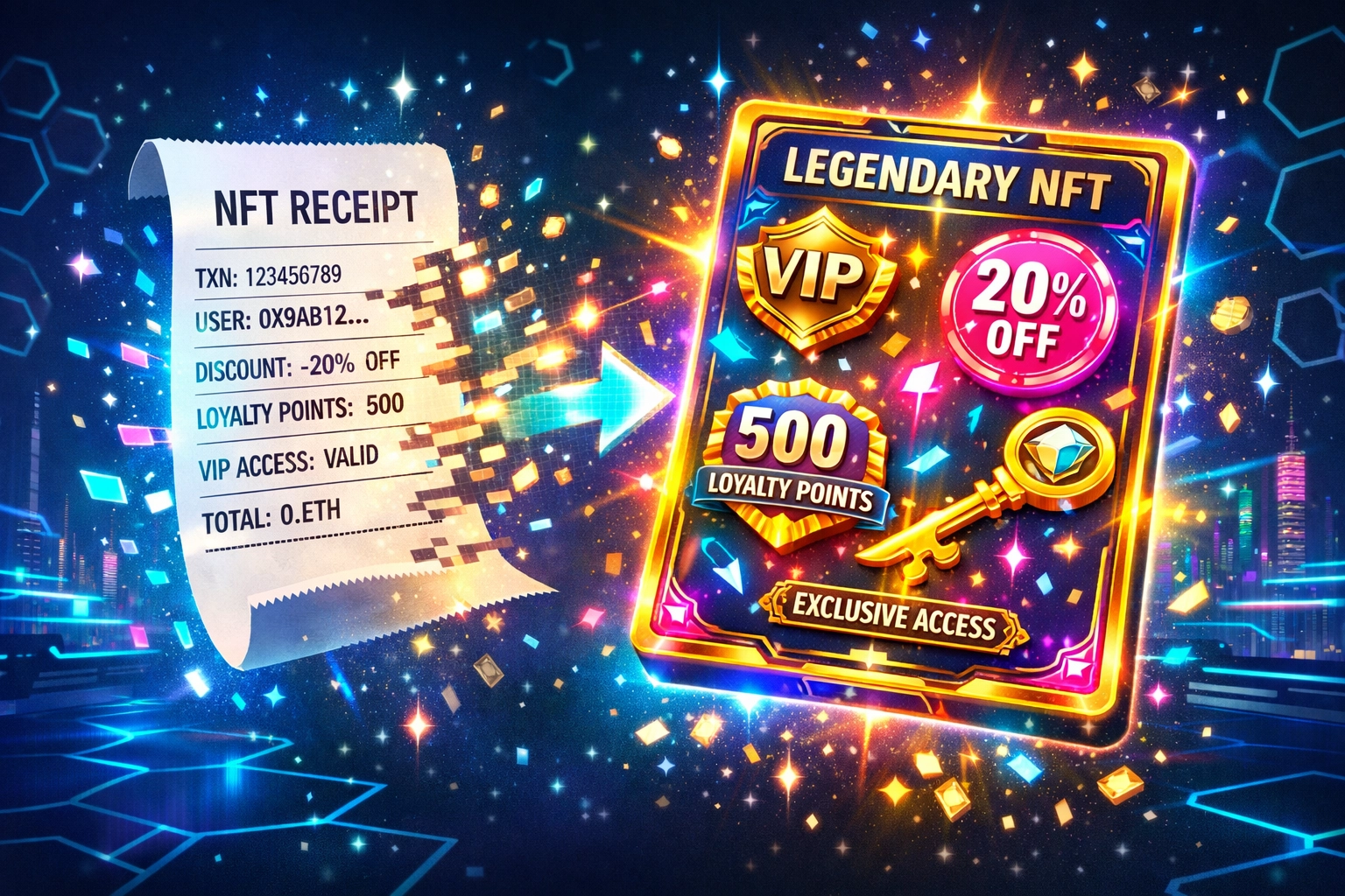 NFT receipt converting to loyalty rewards and collectible tokens for merchant customers