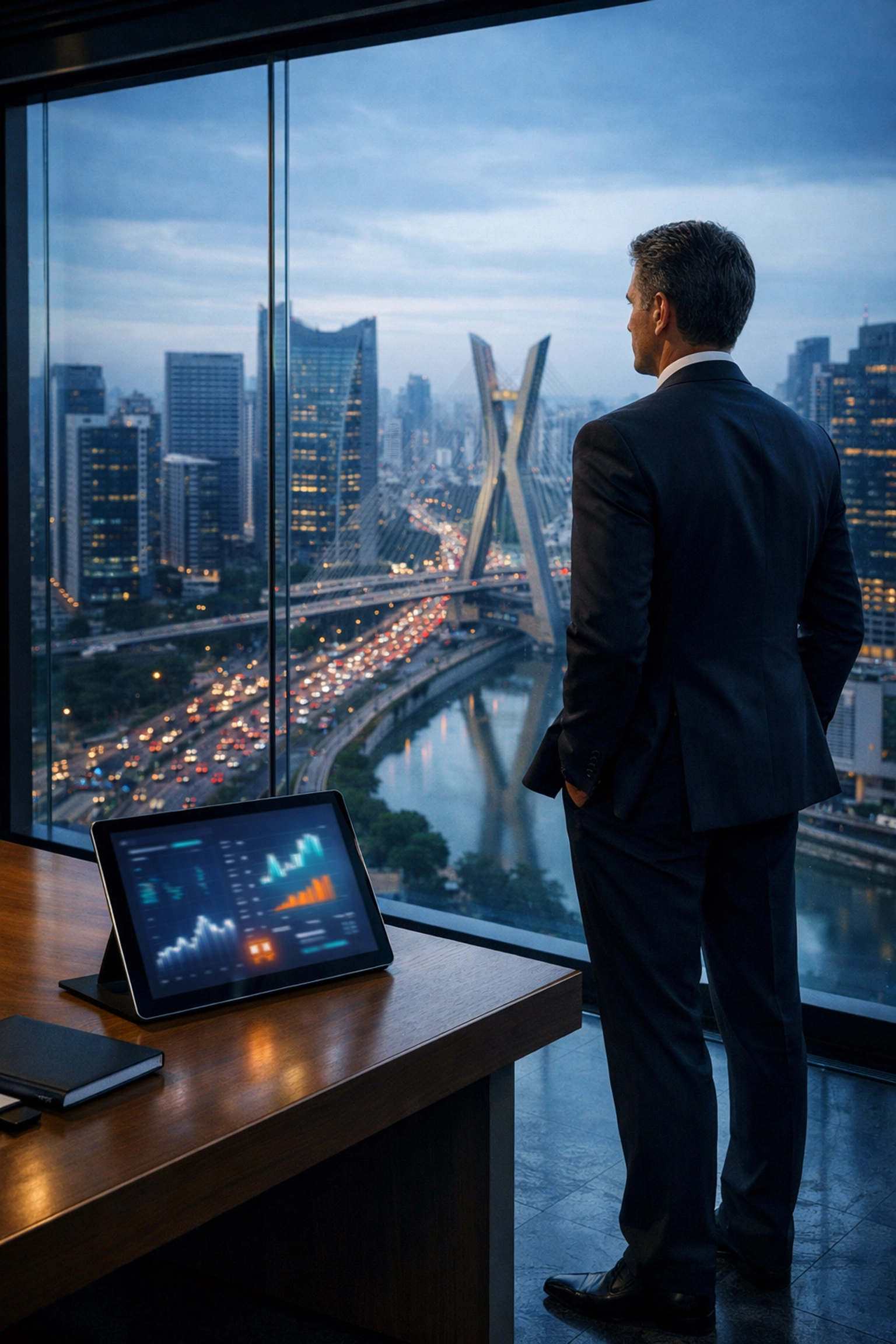 A corporate executive in a Brazil office overlooking the skyline, representing digital trade markets.