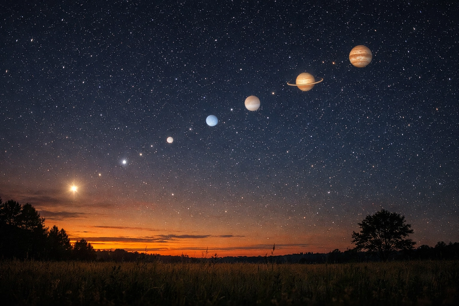 Planetary alignment of six planets visible in the evening twilight sky over a peaceful silhouetted meadow.